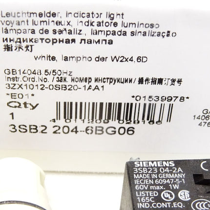 Siemens Leuchtmelder weiß 3SB2204-6BG06 (3SB2304-2A) / Neu OVP