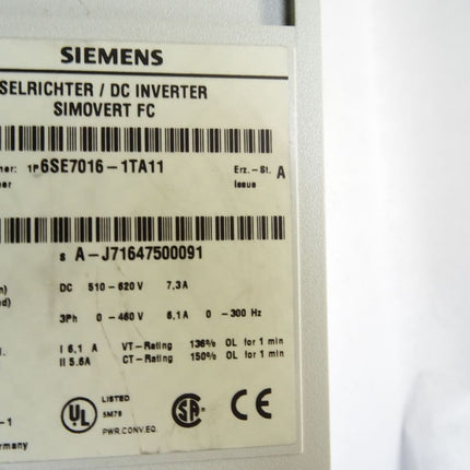 Siemens Simovert Wechselrichter 2.2kW 6SE7016-1TA11 6SE7090-0XX84-0AA1 6SE7090-0XX84-0AK0 - Maranos.de