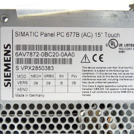Siemens 6AV7872-0BC20-0AA0 Simatic Panel PC 677B 6AV7 872-0BC20-0AA0