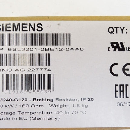 Siemens Sinamics Bremswiderstand 6SL3201-0BE12-0AA0 PM240-G120 4kW / Neu OVP
