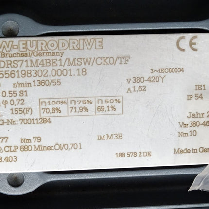 SEW Eurodrive Getriebemotor S47DRS71M4BE1/MSW/CK0/TF S47 DRS71M4BE1/MSW/CK0/TF 1360/55r/min 0.55kW i24.77 Unbenutzt - Maranos.de