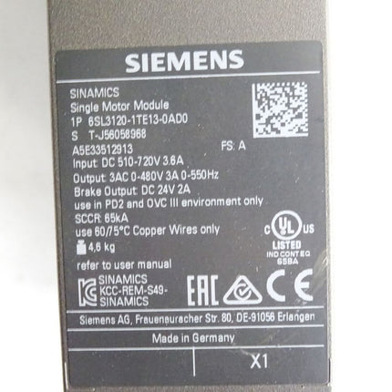 Siemens Sinamics Single Motor Module 6SL3120-1TE13-0AD0 - Maranos.de