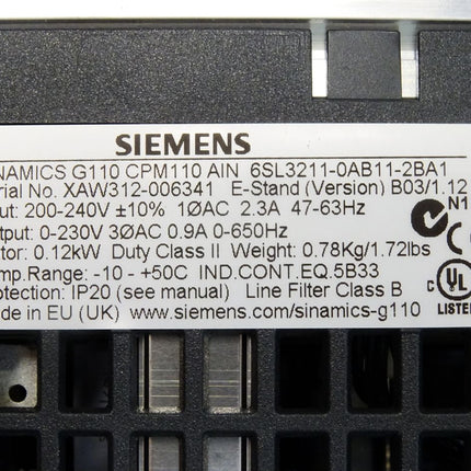 Siemens Sinamics Frequenzumrichter G110 CPM110 6SL3211-0AB11-2BA1 0.12kW - Maranos.de