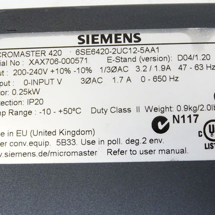 Siemens Micromaster420 6SE6420-2UC12-5AA1 6SE6 420-2UC12-5AA1 6SE6400-2FL01-0AB0 0.25kW - Maranos.de