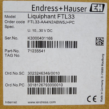 Endress+Hauser Liquiphant Grenzschalter FTL33 FTL33-AA4N2ABW5J+PC 71235541 / Neu OVP - Maranos.de