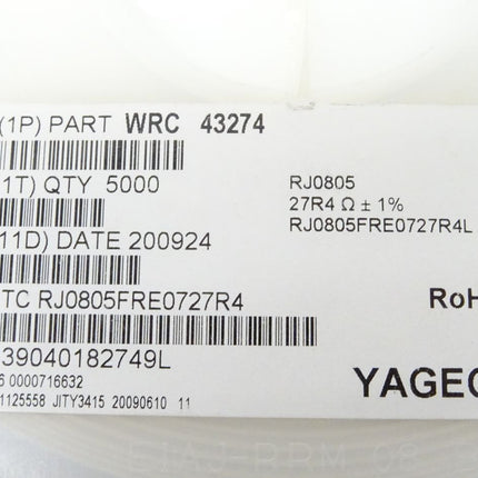 5000 Stück - YAGEO Widerstand RJ0805 - 27R4 Ohm / WRC43274