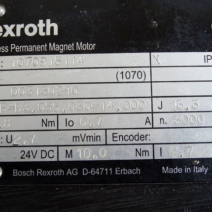 Rexroth Brushless Permanent Magnet Motor Servomotor 1070915114 SE-B3.055.030-14.000 3000RPM