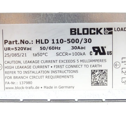 BLOCK HLD 110-500/30 250Vac / 50/60 Hz / 30Aac Funk Entstörfilter