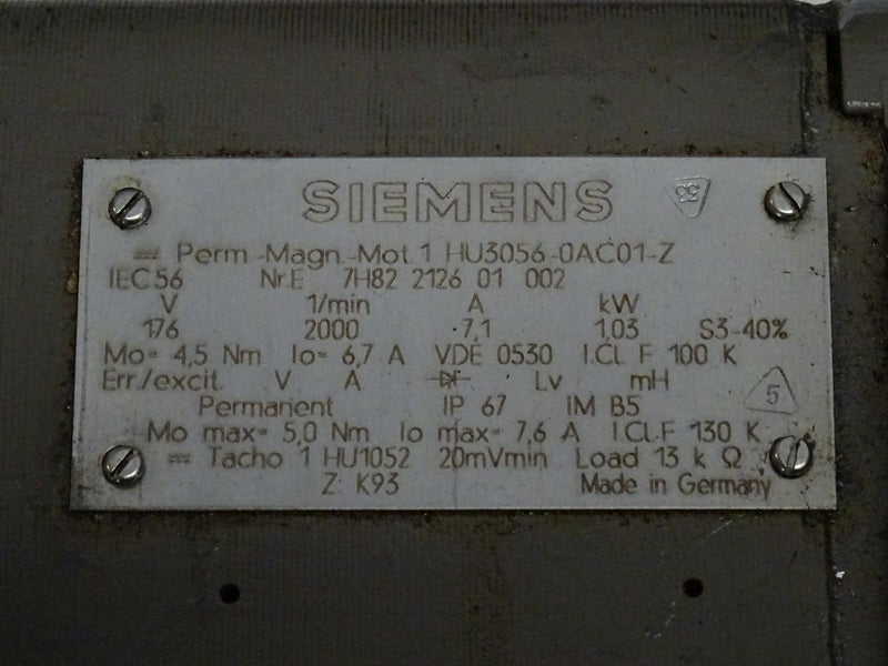 Siemens 1HU3056-0AC01-Z Permanent Magnet Motor 1,03kW / 2000Rpm / 1 HU3056-0AC01-Z
