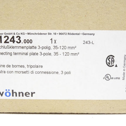 Wöhner 01243 / 01243.000 / Anschlußklemmenplatte 3-polig 35-120 mm2 / Neu OVP