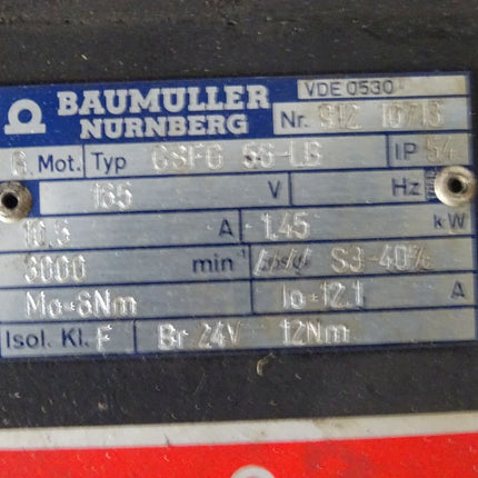 Baumüller GSFG 56-LB Servomotor 1,45KW / 3000 U/min / 24V Bremse / GSFG56LB