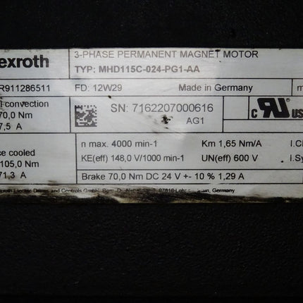 Rexroth 3-Phase Permanent Magnet Motor MHD115C-024-PG1-AA R911286511 Servomotor