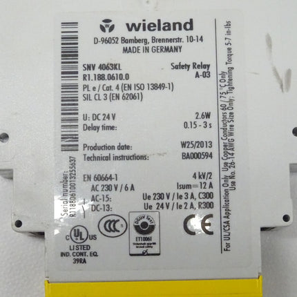 Wieland SNV 4063KL Safety Relay A-03 R1188.0610.0 Sicherheitsrelais