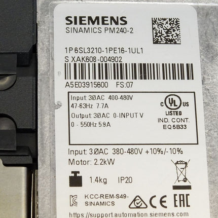 Siemens Sinamics PM240-2 6SL3210-1PE16-1UL1 2.2kW