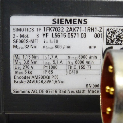 Siemens Simotics Servomotor 1FK7032-2AK71-1RH1-Z 6000min-1 - Maranos.de