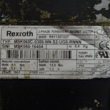 Rexroth MSK060C-0300-NN-S2-UG0-RNNN 3-Phase Permanent Magnet Motor R911307227 / 4900Rpm