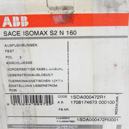 ABB Sace Isomax S2N160 1SDA000472R1 / Neu OVP - Maranos.de