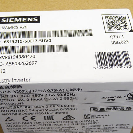 Siemens Sinamics V20 6SL3210-5BE17-5UV0 6SL3 210-5BE17-5UV0 / Neu OVP versiegelt - Maranos.de
