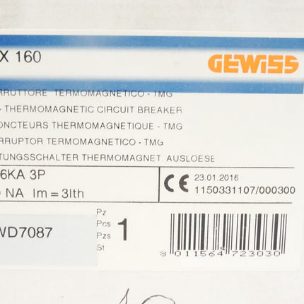 Gewiss MTX160 160NA / Leistungsschalter Thermomagnet. Auslöser / GWD7087 / Neu OVP