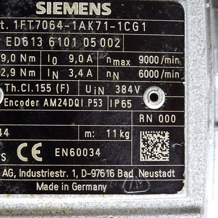 Siemens 1FT7064-1AK71-1CG1 SIMOTICS S Synchronmotor 1FT7NN=6000U/min PN=2,59kW Servomotor - Maranos.de