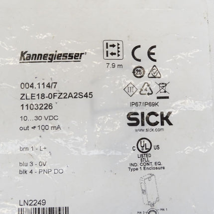 Sick Kannegiesser 1103226 ZLE18-0FZ2A2S45 004.114/7 / Neu OVP - Maranos.de