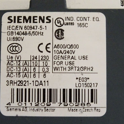 Siemens Sirius Leistungsschütz 3RT2027-1AP00 + Hilfsschalter 3RH2921-1DA11 - Maranos.de