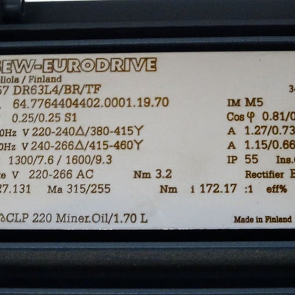 SEW Eurodrive Getriebemotor R57DR63L4/BR/TF R57 DR63L4/BR/TF 0.25kW 1300/7.6rpm 1600/9.3 i172.17 Unbenutzt - Maranos.de