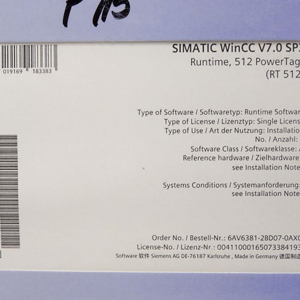 Siemens 6AV6381-2BD07-0AX0 WinCC system software V7.0 SP3 RT 512 / Neu OVP