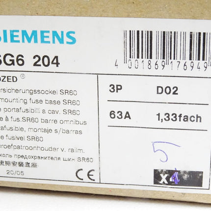 Siemens 5SG6204 Neozed Reitersicherungssockel SR60 63A / Inhalt : 5 Stück / Neu