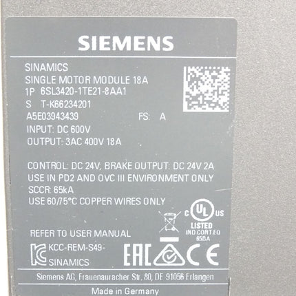 Siemens Sinamics Single Motor Module 6SL3420-1TE21-8AA1 6SL3 420-1TE21-8AA1