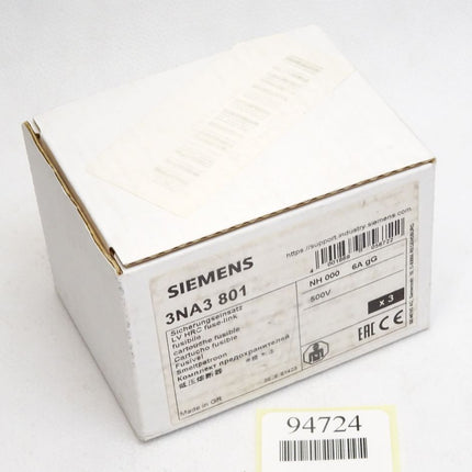 Siemens Sicherungseinsatz 3NA3801 6A / Inhalt : 3 Stück / Neu OVP