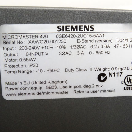 Siemens Micromaster420 6SE6420-2UC15-5AA1 6SE6 420-2UC15-5AA1 0.55kW 6SE6400-2FL01-0AB0 - Maranos.de