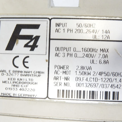 KEB combivert Frequenzumrichter 2.8kVA 1.50kW 09.F4.C1D-1220/1.4