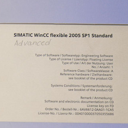 Siemens 6AV6612-0AA01-1CA5 WinCC flexible 2005 SP1 Standard 6AV6 612-0AA01-1CA5 NEU