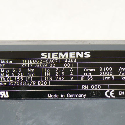 Neuwertig Siemens 1FT6062-6AC71-4AK4 Servomotor 1FT6 062-6AC71-4AK4 Motor