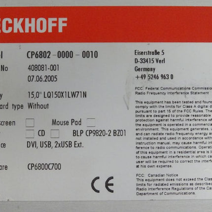 Beckhoff CP6802-0000-0010 Panel 15" LQ150X1LW71N Display