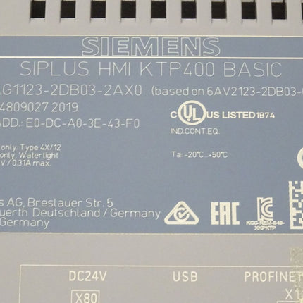 Siemens 6AG1123-2DB03-2AX0 SIPLUS HMI KTP400 Basic Panel 6AG1 123-2DB03-2AX0