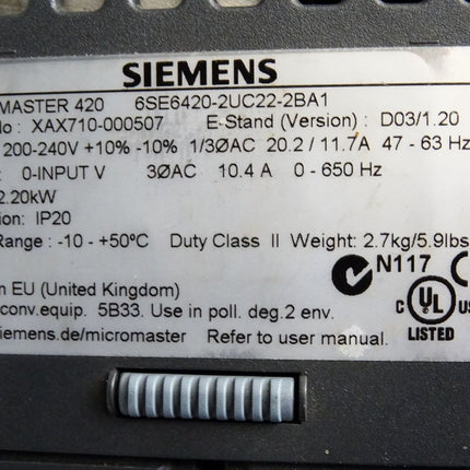 Siemens Micromaster420 6SE6420-2UC22-2BA1 6SE6 420-2UC22-2BA1 6SE6400-2FL02-6BB0 2.20kW - Maranos.de