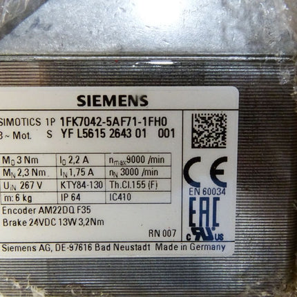 Siemens Simotics Servomotor 1FK7042-5AF71-1FH0 3000/min 0,82kW / Neu OVP - Maranos.de