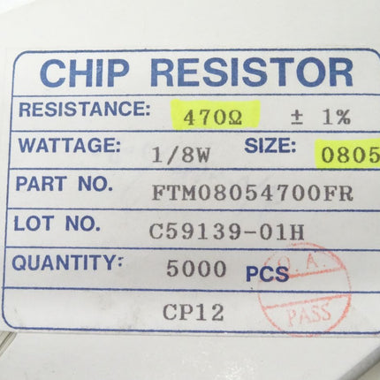 5000x Chip Resistor Widerstände 470 Ohm / 1/8W 0805 / FTM08054700FR