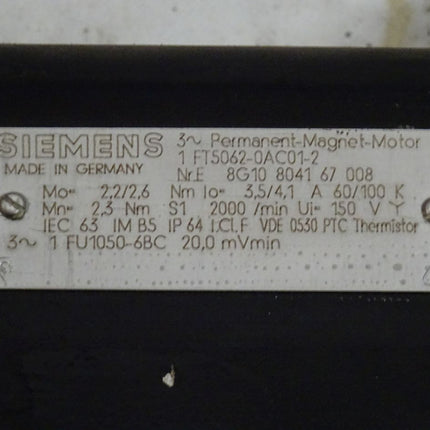 Siemens 1 FT5062-0AC01-2 Permanent Magnet Motor 2000 Rpm /  1 FT5062-0AC01-2