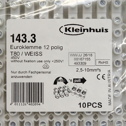 Kleinhuis 143.3 Euroklemme 12-polig T80 weiß / Inhalt : 12 Stück / Neu OVP 12 - Maranos.de