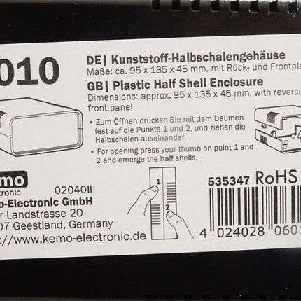 Kemo G010 Kunststoff-Halbschalengehäuse 95x135x45mm / Neu OVP - Maranos.de