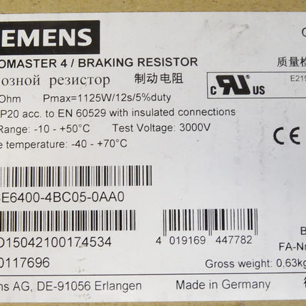Siemens Micromaster 4 Bremswiderstand 6SE6400-4BC05-0AA0 180Ohm 1125W / Neu OVP