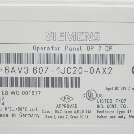 Siemens Simatic OP7-DP Panel 6AV3607-1JC20-0AX2 / 6AV3 607-1JC20-0AX2