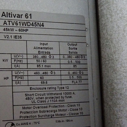 Schneider Altivar 61 variable speed drive ATV61 ATV61WD45N4 45kW - Maranos.de