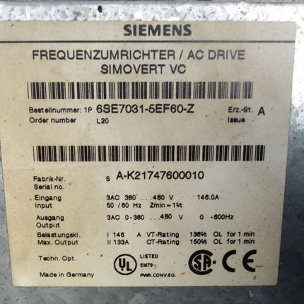 Siemens Simovert Masterdrives Vector Control Umrichtergerät 6SE7031-5EF60-Z L20 Betrieb am erdfreien Netz 75kW - Maranos.de