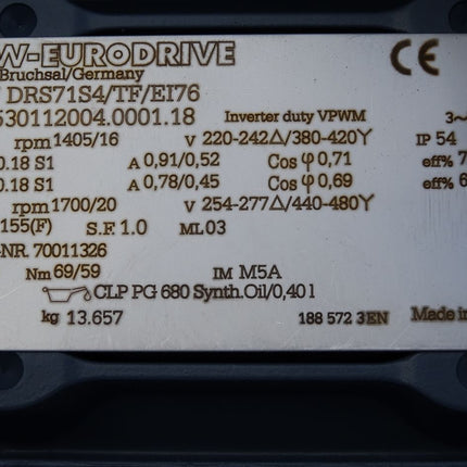 SEW Eurodrive Getriebemotor SF37 DRS71S4/TF/EI76 SF37DRS71S4/TF/EI76 1405/16 rpm 0.18 kW S1 i=86.36 / unbenutzt - Maranos.de