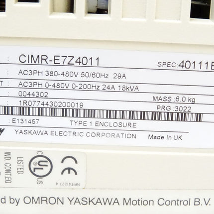 Omron Yaskawa Inverter Varispeed E7 CIMR-E7Z4011 29A 0-200Hz 18kVA