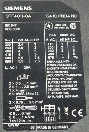 Siemens 3TF4011-0AP0 Motorschutzschalter Schütz 3TF4 011-0AP0 neu-OVP
